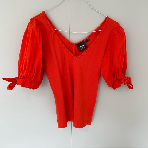 MAEVE x ANTHROPOLOGIE Puff-Sleeved Tie Sleeve Blouse Top in Orange - Picture 3 of 9